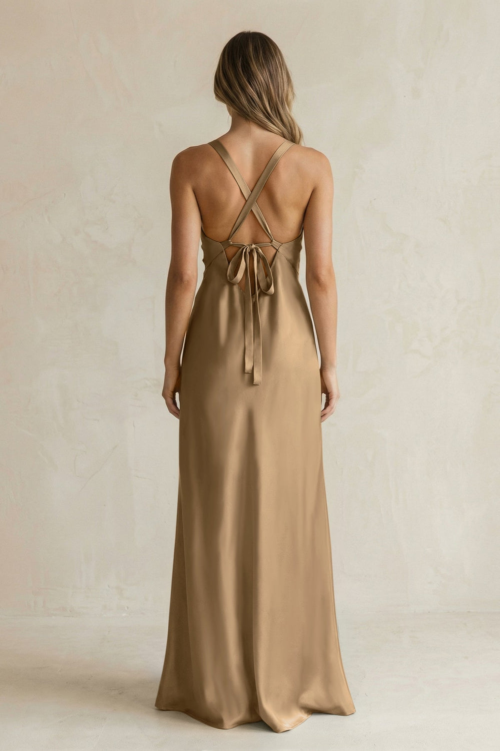 V - Neck Sheath Satin Bridesmaid Dress With Slit in Apple Cinnamon - KISS BRIDAL Bridesmaid Dresses