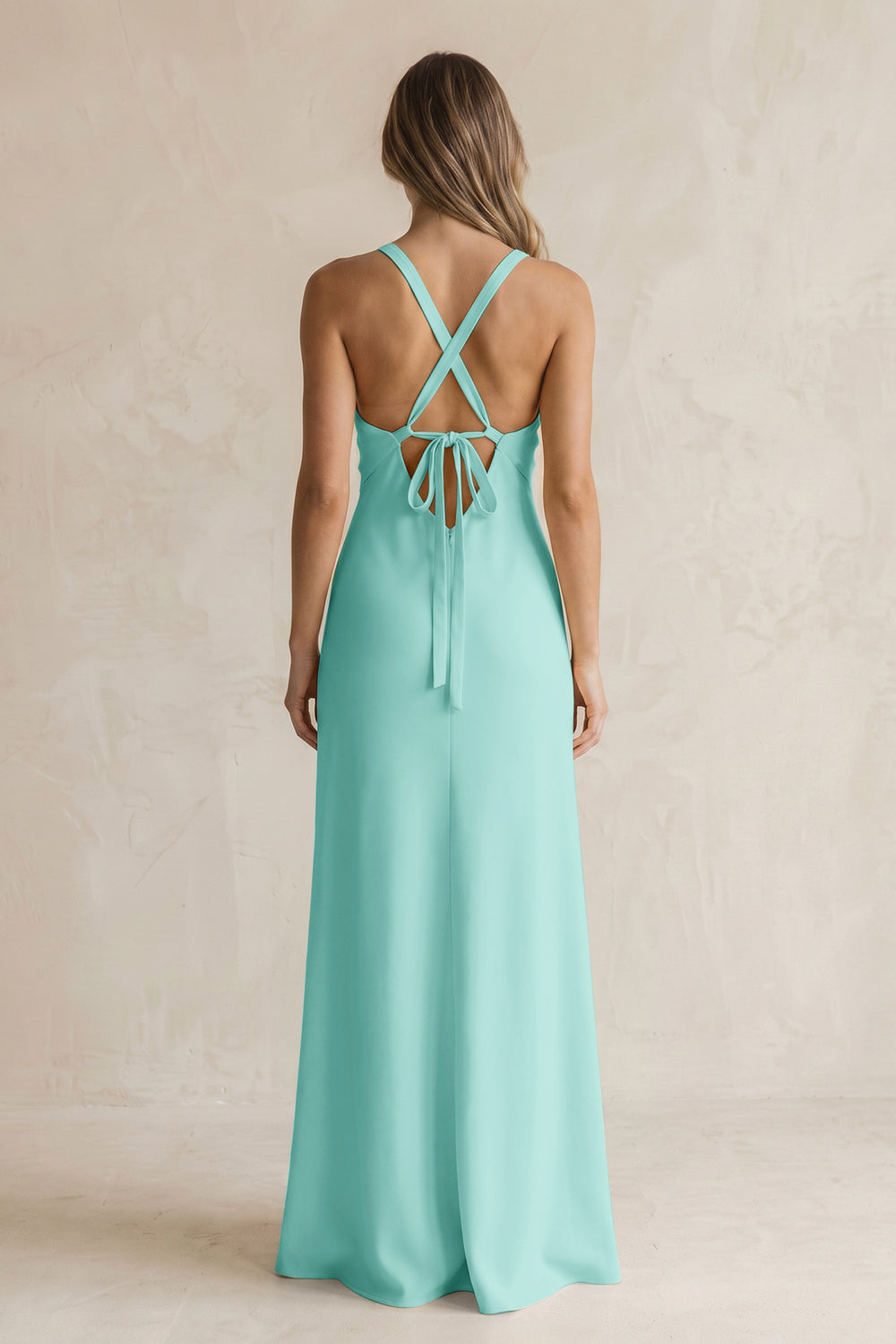 V-Neck Sheath Satin Bridesmaid Dress With Slit in Aqua