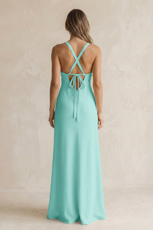 V-Neck Sheath Satin Bridesmaid Dress With Slit in Aqua (2) | KISSBRIDAL
