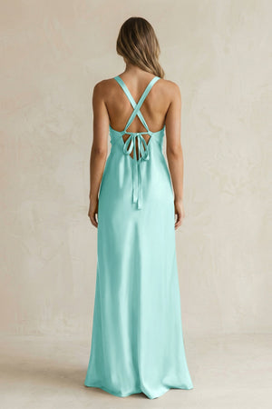 V - Neck Sheath Satin Bridesmaid Dress With Slit in Aqua - KISS BRIDAL Bridesmaid Dresses