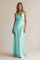 V - Neck Sheath Satin Bridesmaid Dress With Slit in Aqua - KISS BRIDAL Bridesmaid Dresses