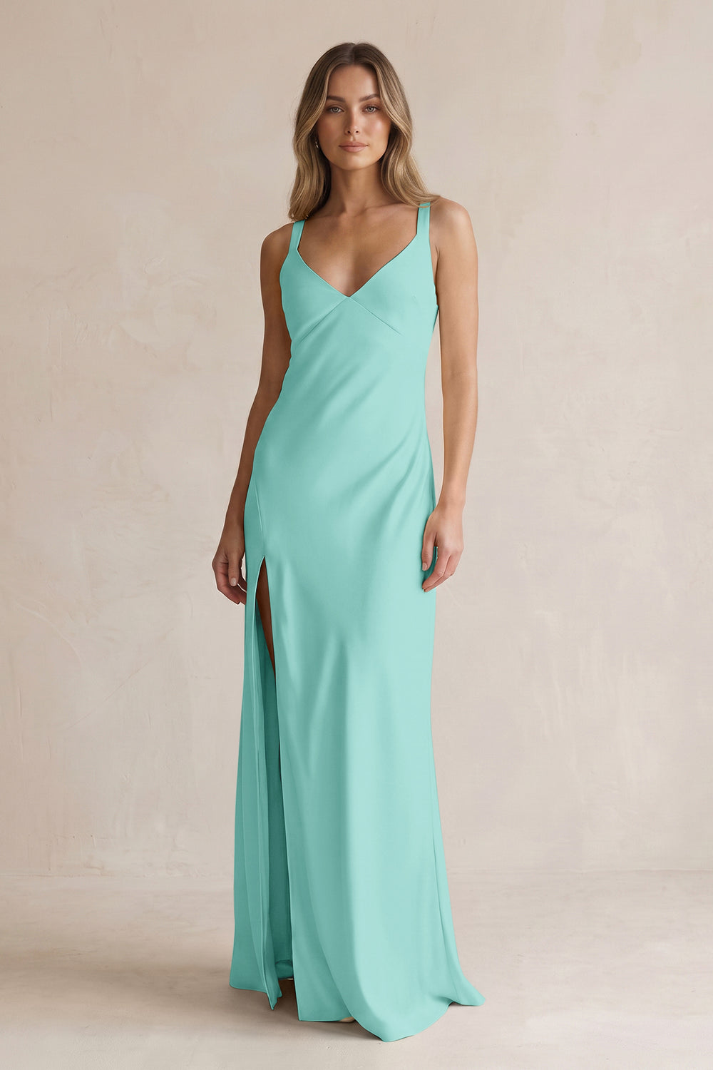 V-Neck Sheath Satin Bridesmaid Dress With Slit in Aqua