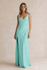 V-Neck Sheath Satin Bridesmaid Dress With Slit in Aqua | KISSBRIDAL