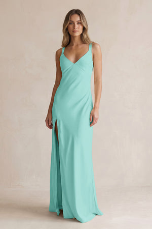 V-Neck Sheath Satin Bridesmaid Dress With Slit in Aqua | KISSBRIDAL
