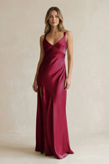 V - Neck Sheath Satin Bridesmaid Dress With Slit in Berry - KISS BRIDAL Bridesmaid Dresses