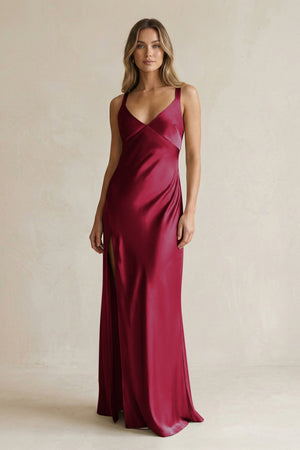 V - Neck Sheath Satin Bridesmaid Dress With Slit in Berry - KISS BRIDAL Bridesmaid Dresses