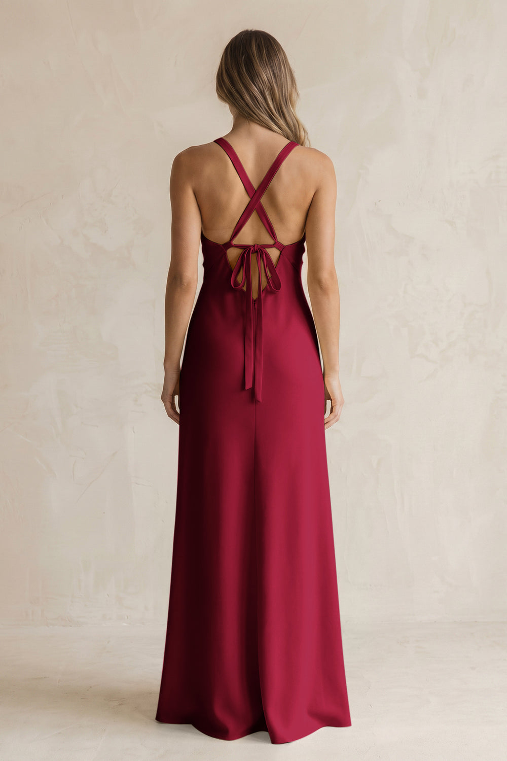 V-Neck Sheath Satin Bridesmaid Dress With Slit in Berry