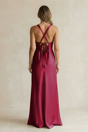 V - Neck Sheath Satin Bridesmaid Dress With Slit in Berry - KISS BRIDAL Bridesmaid Dresses