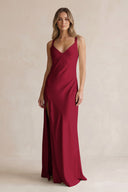 V-Neck Sheath Satin Bridesmaid Dress With Slit in Berry | KISSBRIDAL
