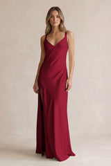 V-Neck Sheath Satin Bridesmaid Dress With Slit in Berry | KISSBRIDAL