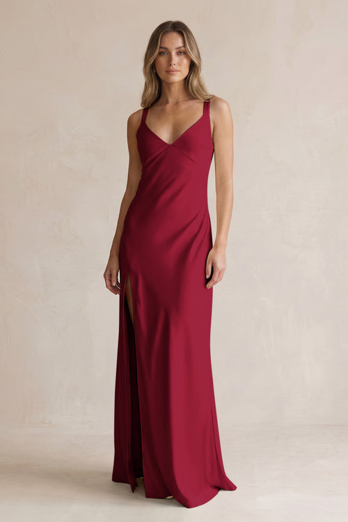V-Neck Sheath Satin Bridesmaid Dress With Slit in Berry | KISSBRIDAL