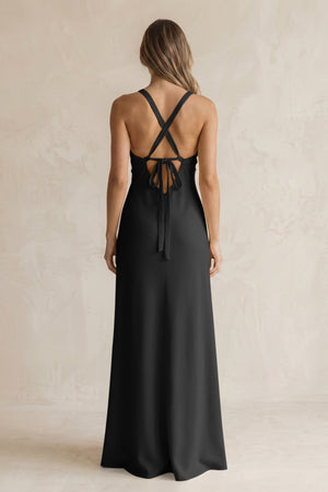 V-Neck Sheath Satin Bridesmaid Dress With Slit in Black (2) | KISSBRIDAL