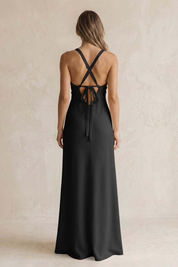 V-Neck Sheath Satin Bridesmaid Dress With Slit in Black (2) | KISSBRIDAL