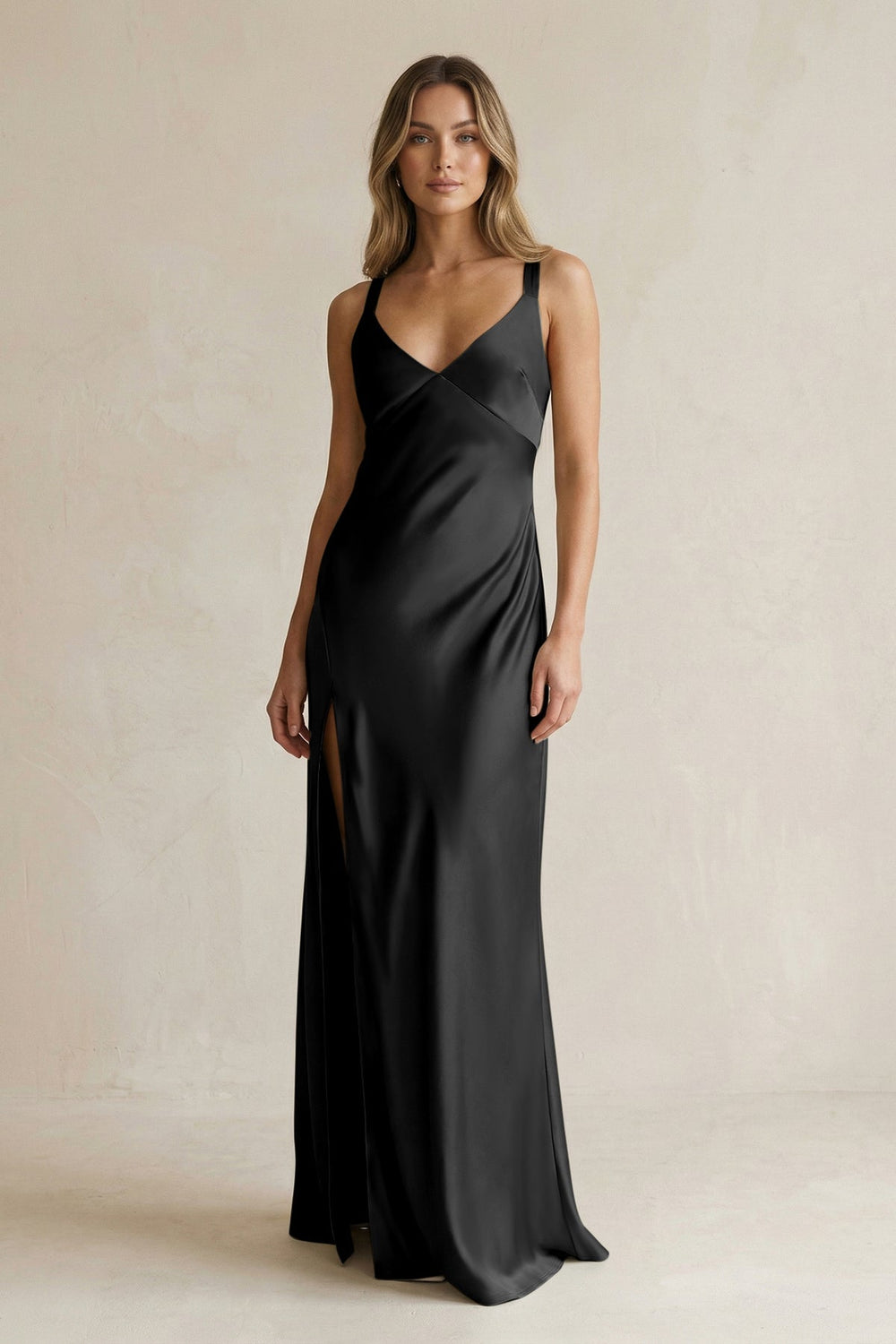 V - Neck Sheath Satin Bridesmaid Dress With Slit in Black - KISS BRIDAL Bridesmaid Dresses