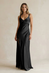 V - Neck Sheath Satin Bridesmaid Dress With Slit in Black - KISS BRIDAL Bridesmaid Dresses