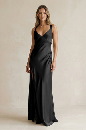 V - Neck Sheath Satin Bridesmaid Dress With Slit in Black - KISS BRIDAL Bridesmaid Dresses