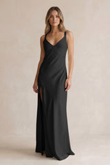 V-Neck Sheath Satin Bridesmaid Dress With Slit in Black | KISSBRIDAL