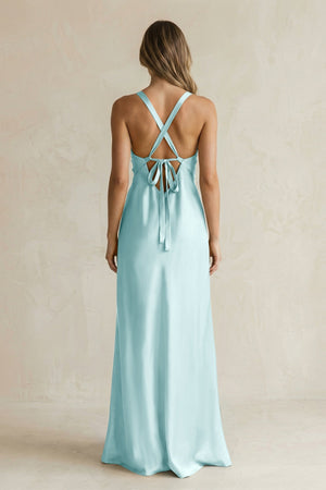 V - Neck Sheath Satin Bridesmaid Dress With Slit in Bleached Aqua - KISS BRIDAL Bridesmaid Dresses