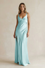V - Neck Sheath Satin Bridesmaid Dress With Slit in Bleached Aqua - KISS BRIDAL Bridesmaid Dresses