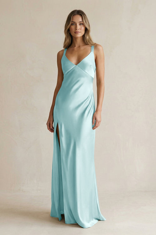 V - Neck Sheath Satin Bridesmaid Dress With Slit in Bleached Aqua - KISS BRIDAL Bridesmaid Dresses