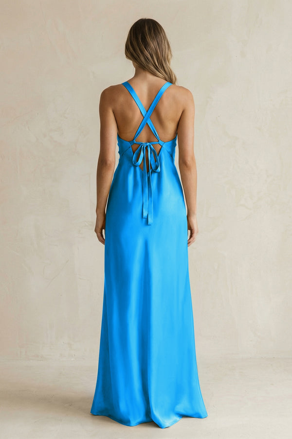 V - Neck Sheath Satin Bridesmaid Dress With Slit in Blue Jay - KISS BRIDAL Bridesmaid Dresses