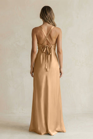 V - Neck Sheath Satin Bridesmaid Dress With Slit in Bronzer - KISS BRIDAL Bridesmaid Dresses