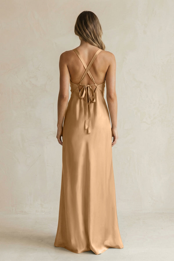 V - Neck Sheath Satin Bridesmaid Dress With Slit in Bronzer - KISS BRIDAL Bridesmaid Dresses