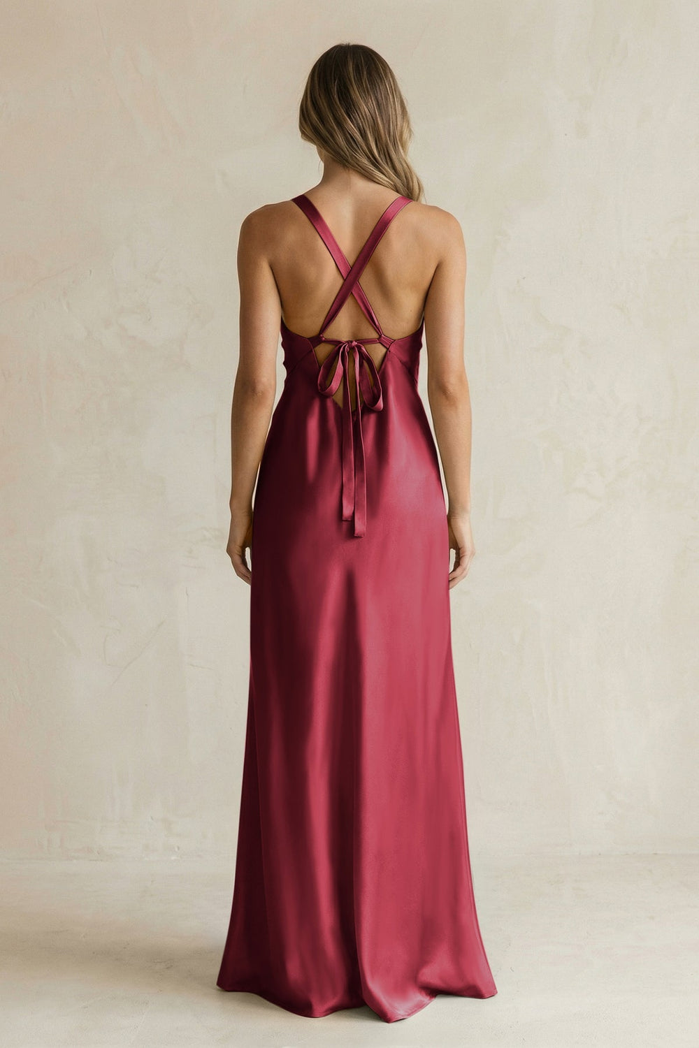 V - Neck Sheath Satin Bridesmaid Dress With Slit in Burgundy - KISS BRIDAL Bridesmaid Dresses