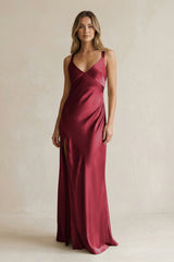 V - Neck Sheath Satin Bridesmaid Dress With Slit in Burgundy - KISS BRIDAL Bridesmaid Dresses