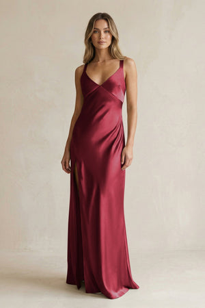 V - Neck Sheath Satin Bridesmaid Dress With Slit in Burgundy - KISS BRIDAL Bridesmaid Dresses