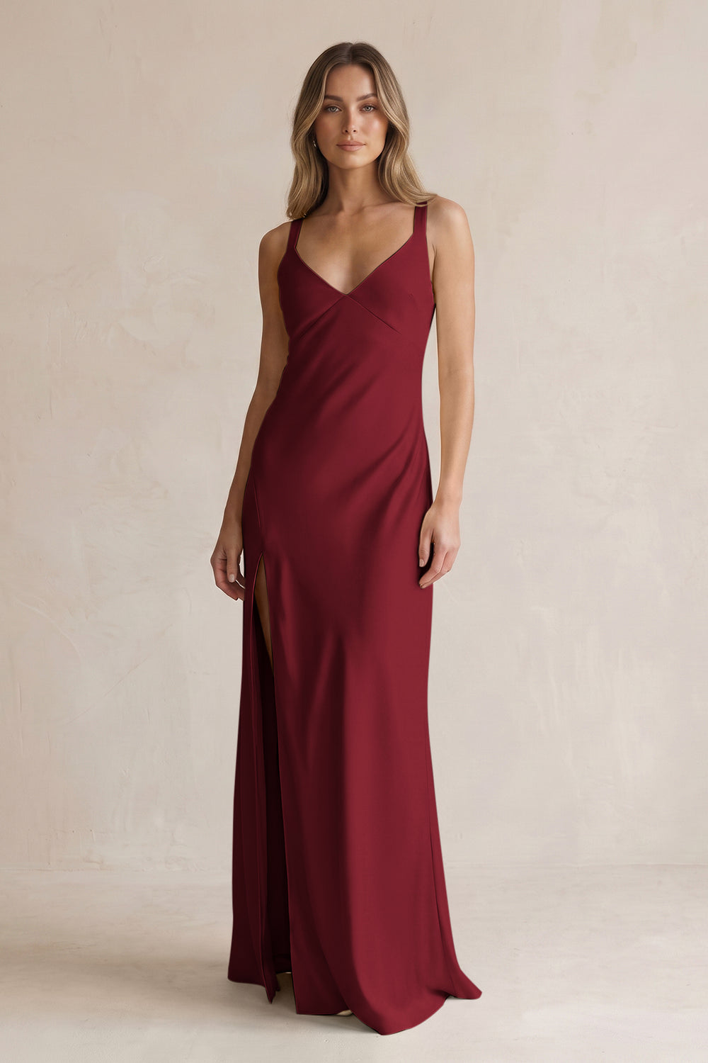 V-Neck Sheath Satin Bridesmaid Dress With Slit in Burgundy