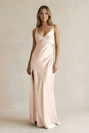 V - Neck Sheath Satin Bridesmaid Dress With Slit in Buttercream - KISS BRIDAL Bridesmaid Dresses