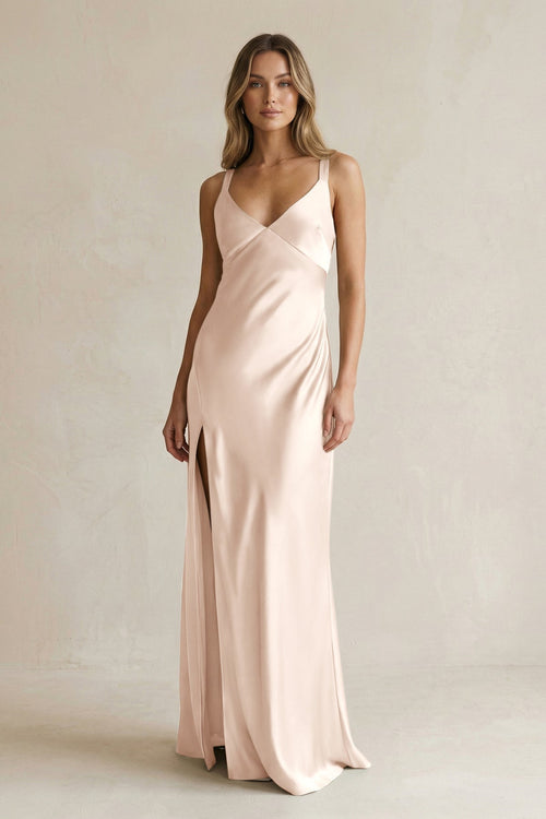V - Neck Sheath Satin Bridesmaid Dress With Slit in Buttercream - KISS BRIDAL Bridesmaid Dresses