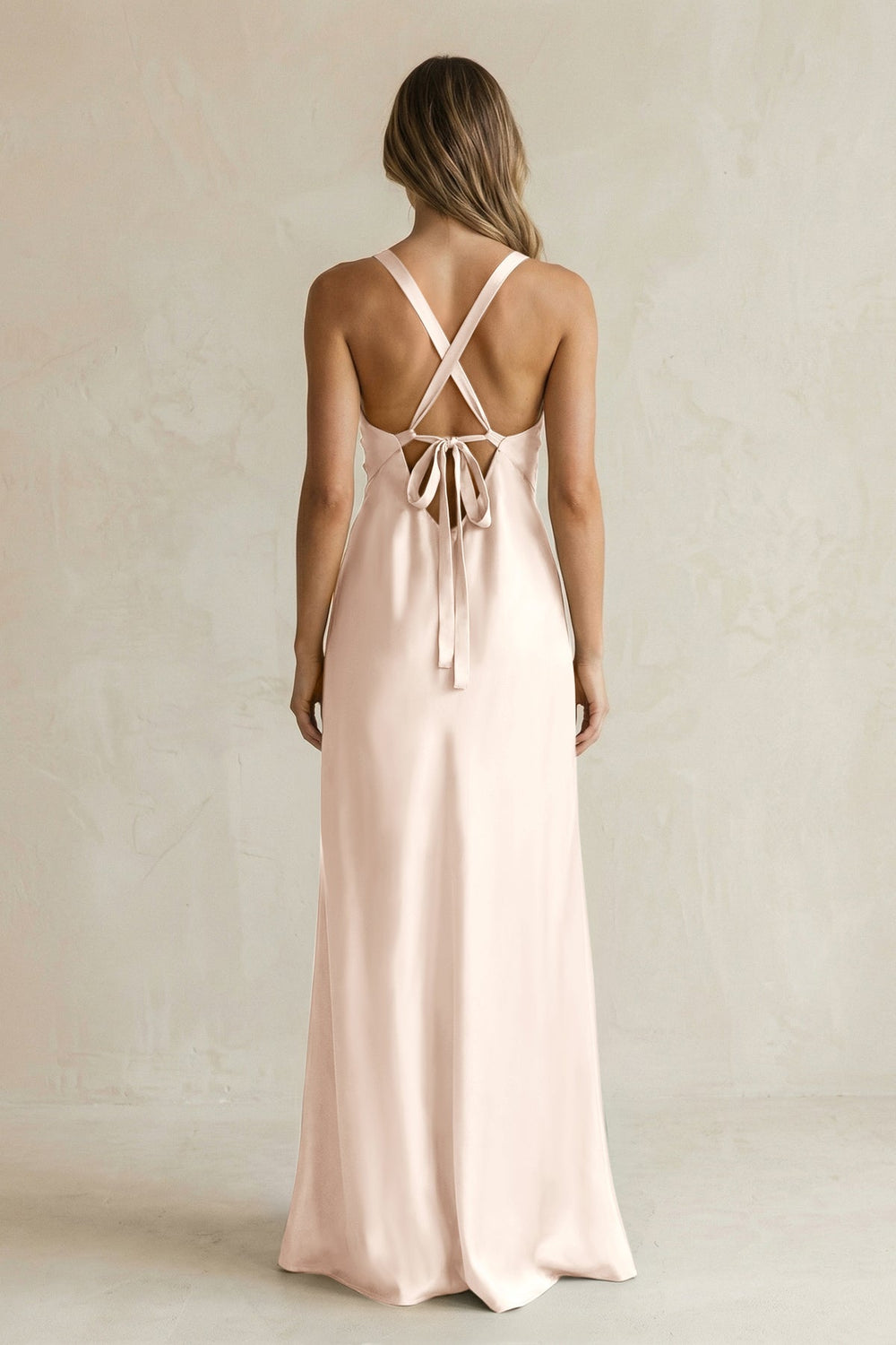 V - Neck Sheath Satin Bridesmaid Dress With Slit in Buttercream - KISS BRIDAL Bridesmaid Dresses