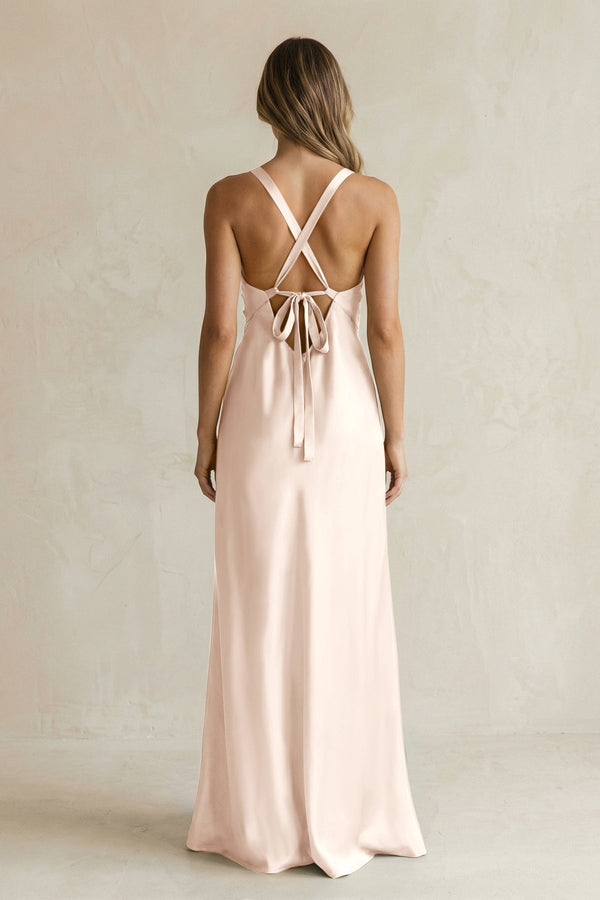V - Neck Sheath Satin Bridesmaid Dress With Slit in Buttercream - KISS BRIDAL Bridesmaid Dresses