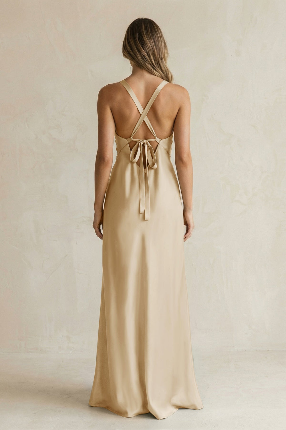 V - Neck Sheath Satin Bridesmaid Dress With Slit in Champagne - KISS BRIDAL Bridesmaid Dresses
