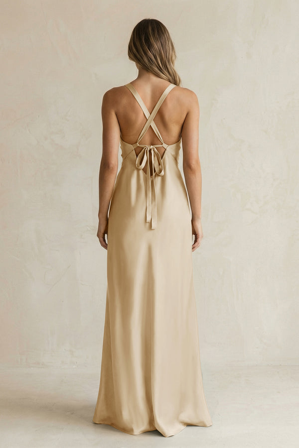 V - Neck Sheath Satin Bridesmaid Dress With Slit in Champagne - KISS BRIDAL Bridesmaid Dresses