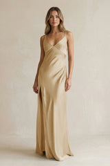 V - Neck Sheath Satin Bridesmaid Dress With Slit in Champagne - KISS BRIDAL Bridesmaid Dresses