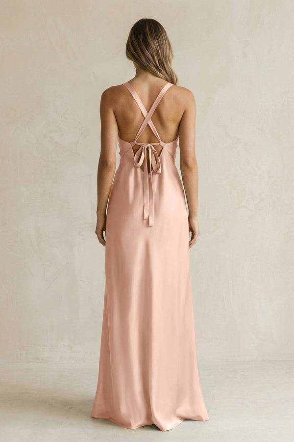V - Neck Sheath Satin Bridesmaid Dress With Slit in Champagne Rose - KISS BRIDAL Bridesmaid Dresses