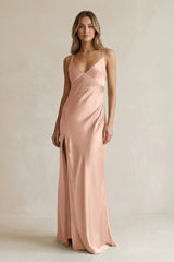 V - Neck Sheath Satin Bridesmaid Dress With Slit in Champagne Rose - KISS BRIDAL Bridesmaid Dresses