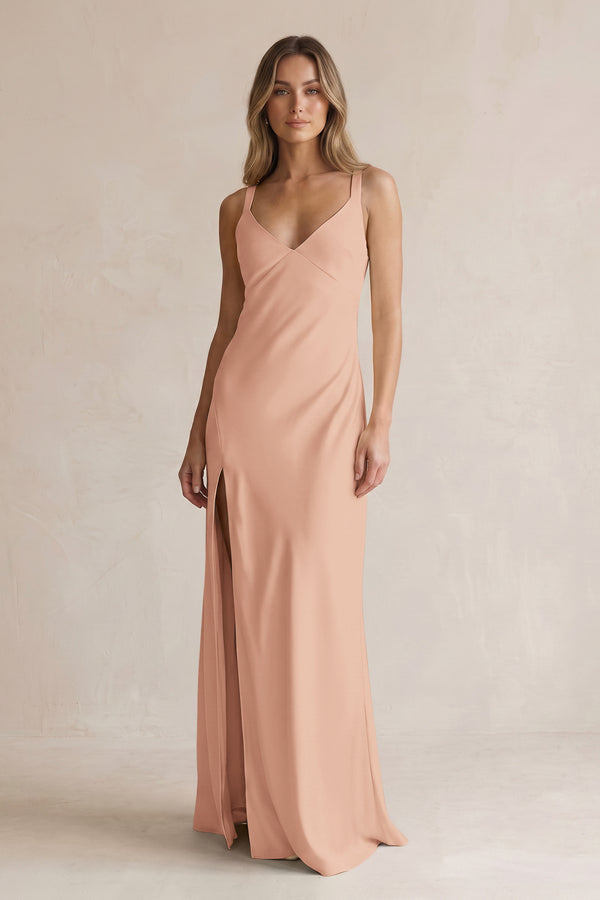 V-Neck Sheath Satin Bridesmaid Dress With Slit in Champagne Rose | KISSBRIDAL