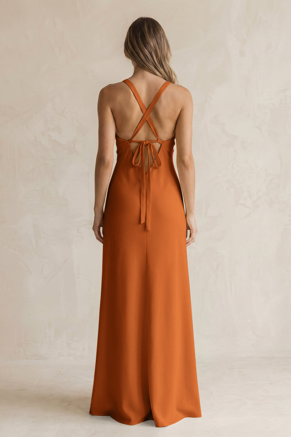 V-Neck Sheath Satin Bridesmaid Dress With Slit in Cinnamon