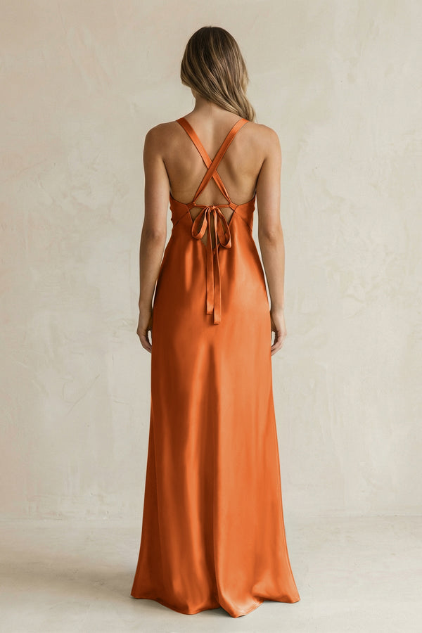 V - Neck Sheath Satin Bridesmaid Dress With Slit in Cinnamon - KISS BRIDAL Bridesmaid Dresses