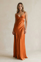 V - Neck Sheath Satin Bridesmaid Dress With Slit in Cinnamon - KISS BRIDAL Bridesmaid Dresses