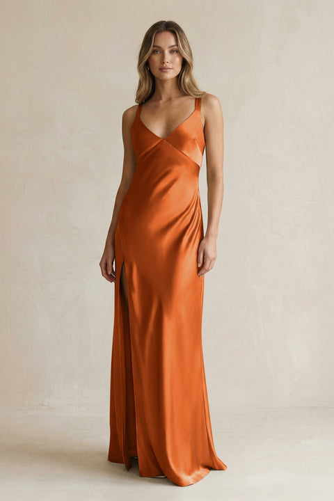 V - Neck Sheath Satin Bridesmaid Dress With Slit in Cinnamon - KISS BRIDAL Bridesmaid Dresses