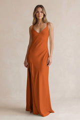 V-Neck Sheath Satin Bridesmaid Dress With Slit in Cinnamon | KISSBRIDAL