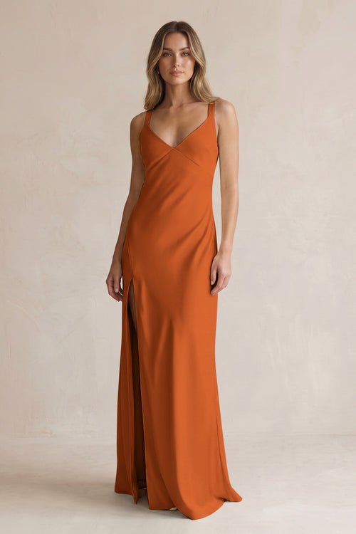 V-Neck Sheath Satin Bridesmaid Dress With Slit in Cinnamon | KISSBRIDAL