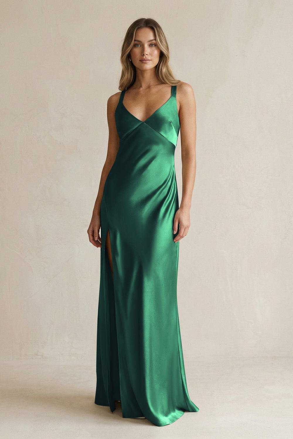 V - Neck Sheath Satin Bridesmaid Dress With Slit in Dark Green - KISS BRIDAL Bridesmaid Dresses