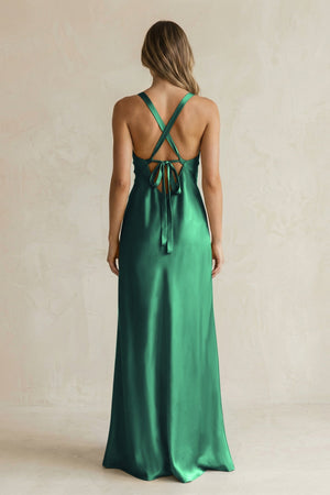 V - Neck Sheath Satin Bridesmaid Dress With Slit in Dark Green - KISS BRIDAL Bridesmaid Dresses