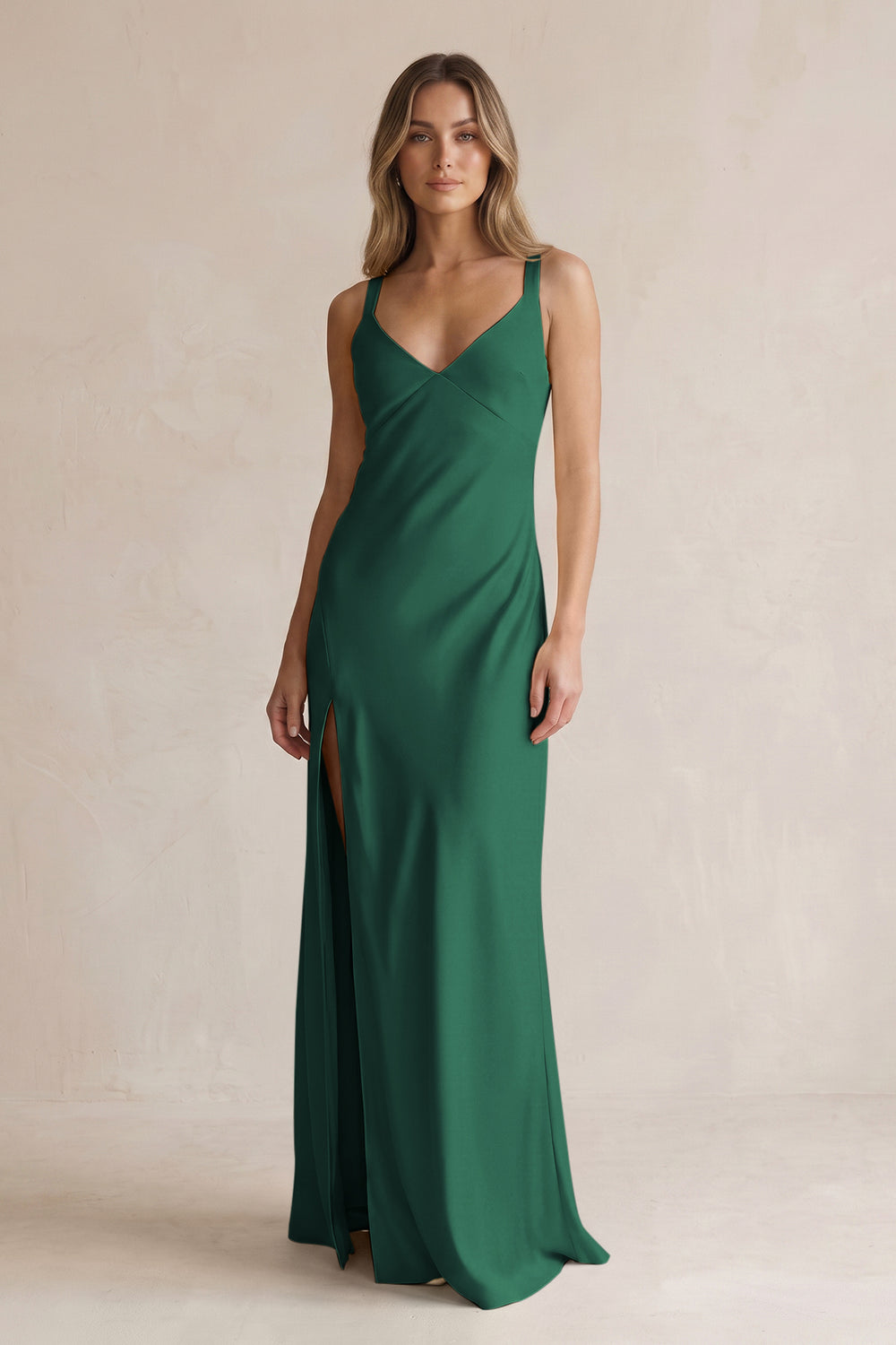 V-Neck Sheath Satin Bridesmaid Dress With Slit in Dark Green